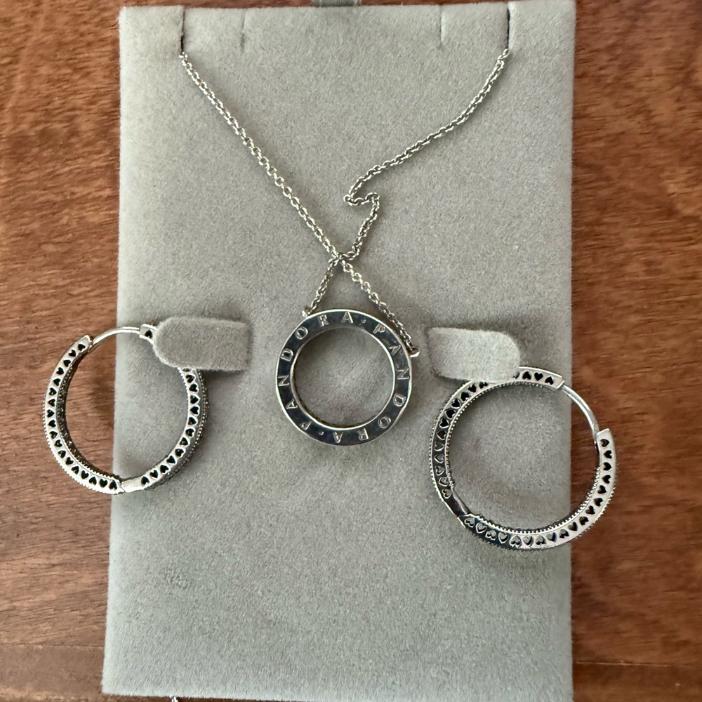 Pandora Silver Necklace and Hoop Earrings Set
